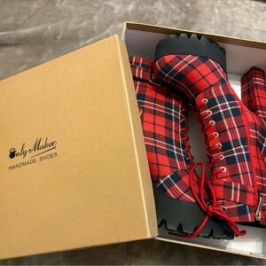 Onlymaker Red Plaid Heeled Boots for Women